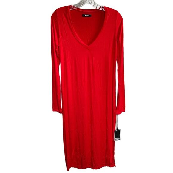 NWT Michael Lauren Red Rivera V-Neck Midi Jersey Dress Long Sleeve Sleek Comfy S - Picture 2 of 12